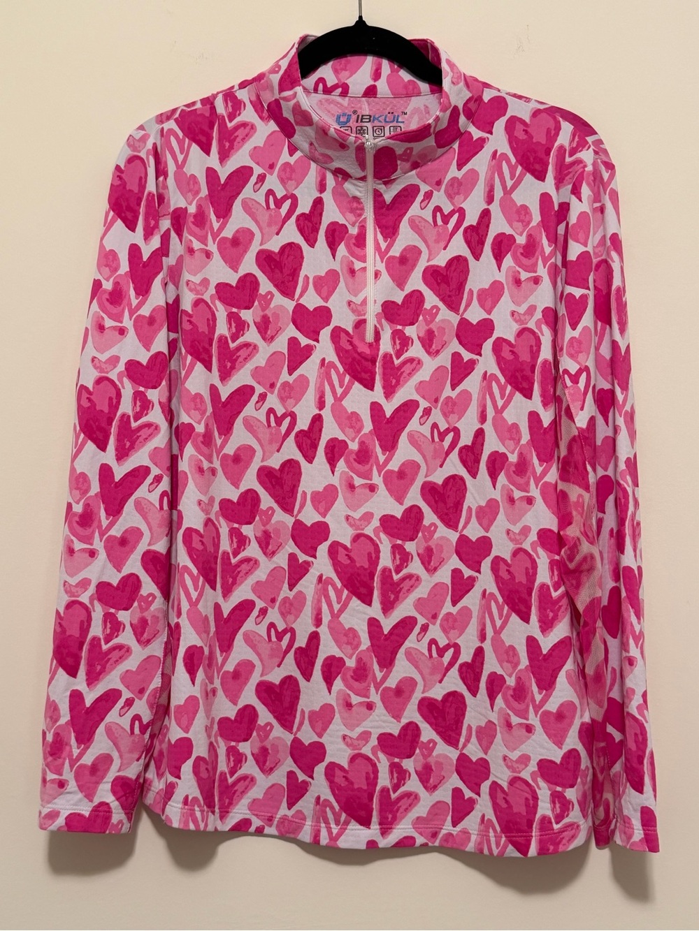 IBKUL Size XL Pink Hearts Mock Neck 1/4 Zip Long Sleeve Shirt Golf Tennis UPF